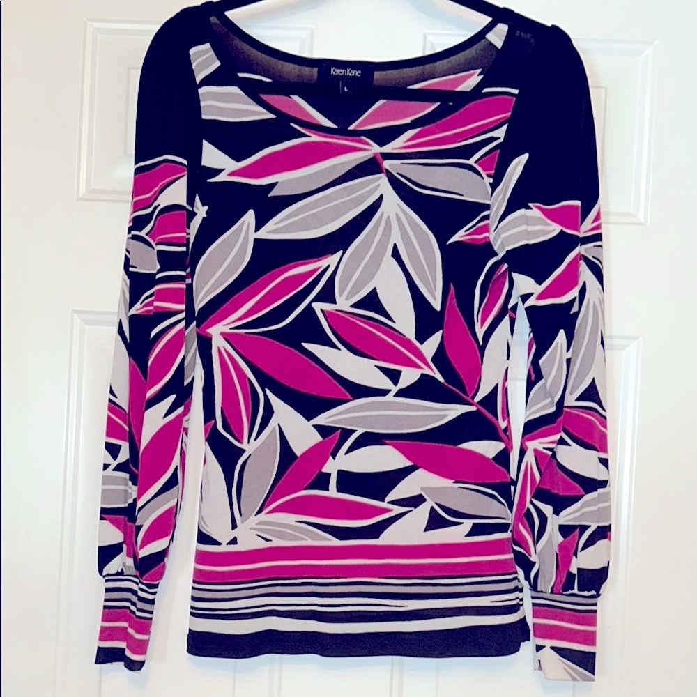 Karen Kane Tropical LS Top L Black/Pink Semi Sheer Bishop Sleeve Maximalist